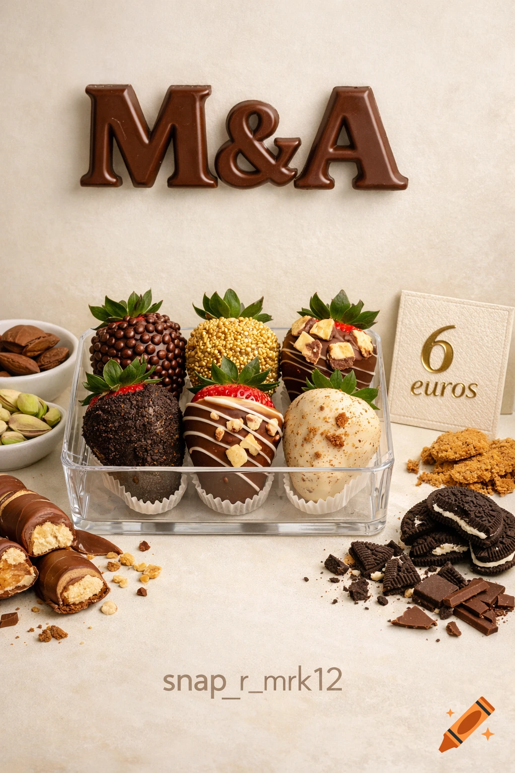 Photorealistic image of chocolate-covered strawberries with various toppings, chocolate letters "M & A", and a "6 euros" price tag.
