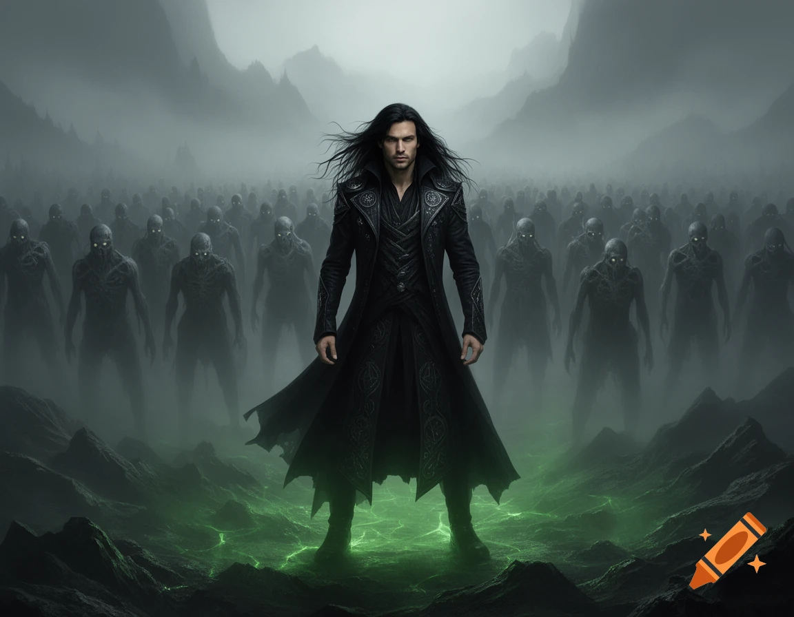 A dark-haired necromancer in black robes stands before an army of glowing-eyed undead in a misty, green-lit fantasy landscape.