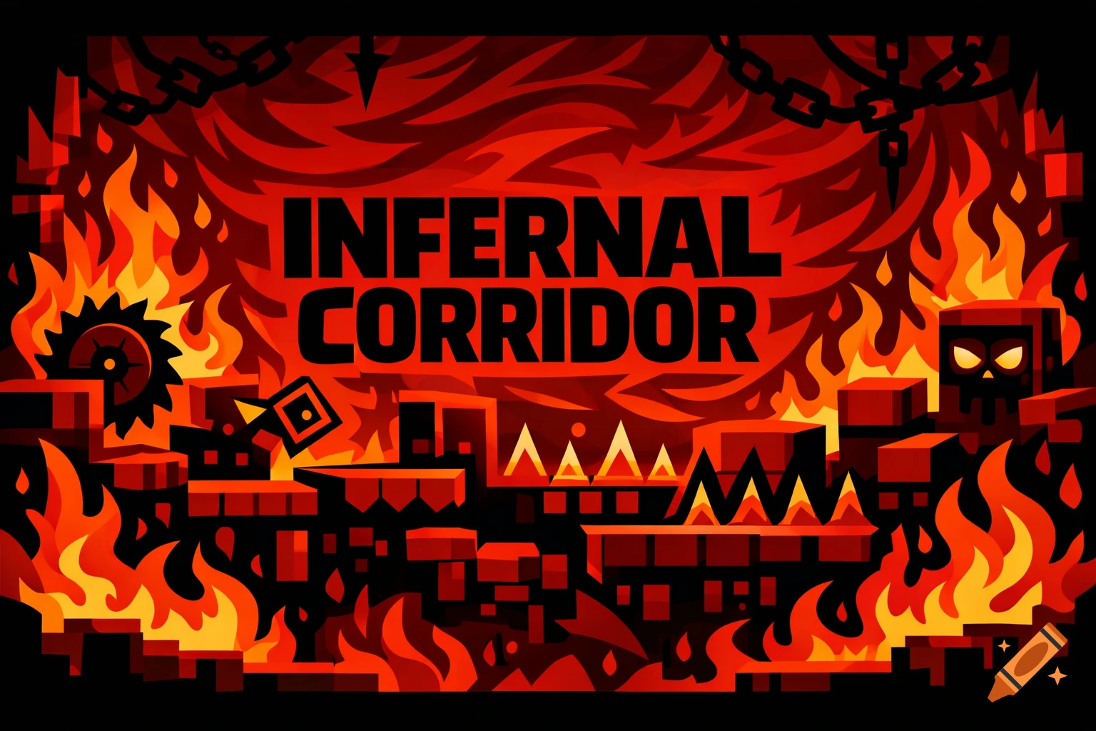 Stylized illustration of a hell-themed Geometry Dash level with fire, spikes, and chains, featuring the text 'INFERNAL CORRIDOR'.