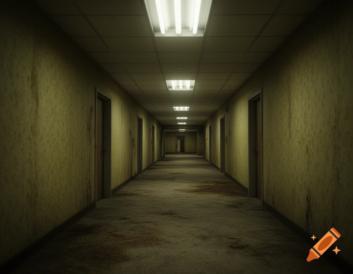 A long, dirty, eerie hallway with many closed doors on both sides and fluorescent lights on the ceiling, receding into the distance.