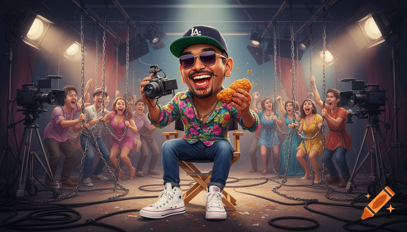 A caricatured man in a Hawaiian shirt, sunglasses, and cap sits on a director's chair, holding a camera and fried chicken, laughing maniacally on a film set with screaming actors in chains.