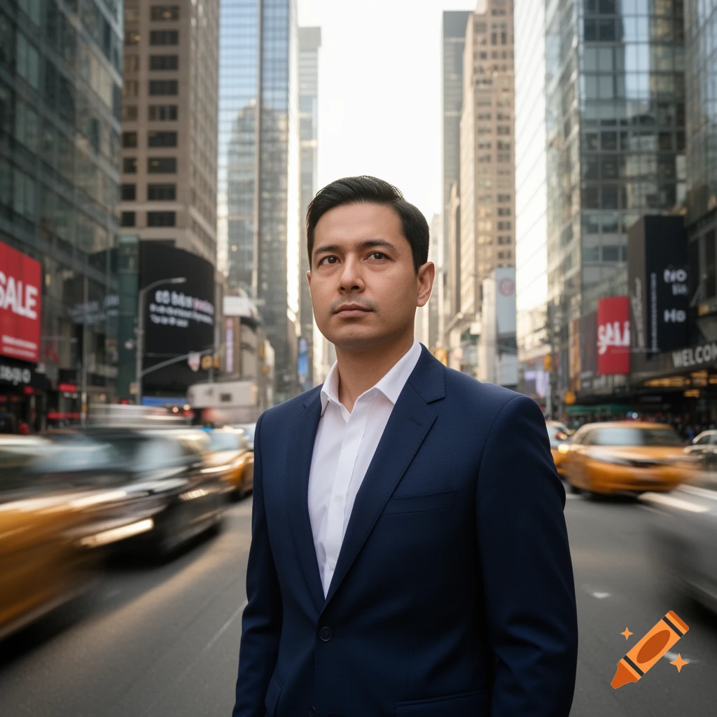 A serious man in a dark suit stands on a busy city street with tall ...