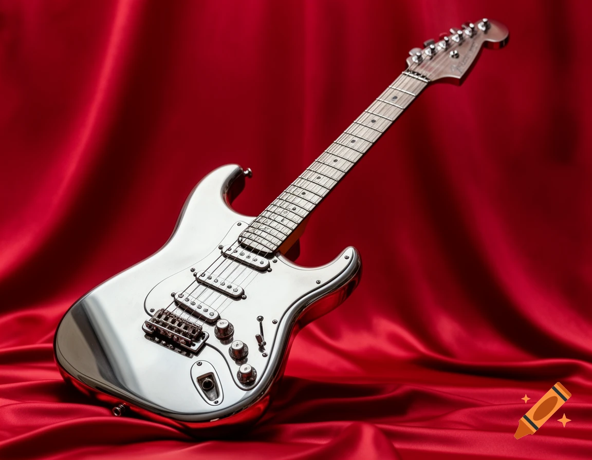 A chrome Fender Stratocaster electric guitar rests on a luxurious red silk background.