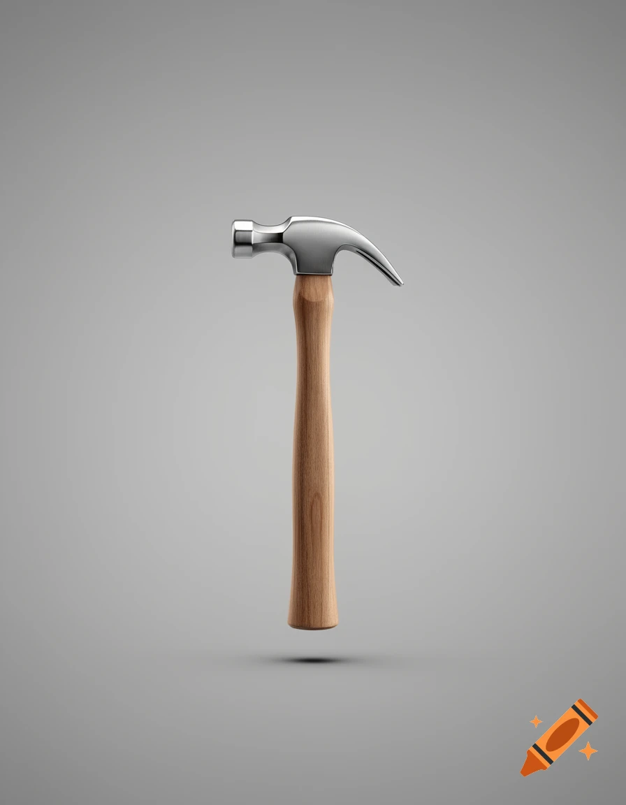 A shiny metal claw hammer with a light wooden handle floats upright against a plain grey background, casting a small shadow below.