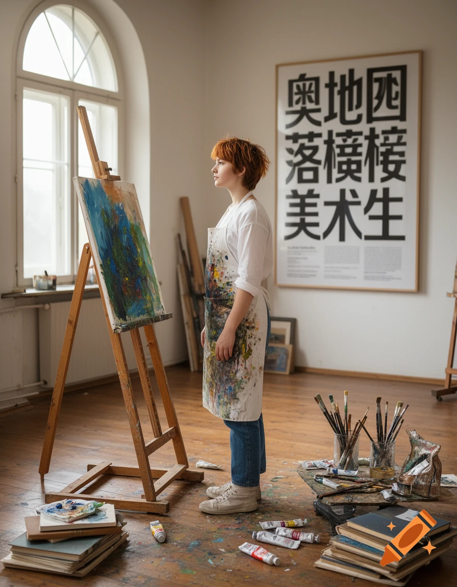 A young artist with red hair and a paint-splattered apron stands in an art studio next to an easel, looking pensively to the side.