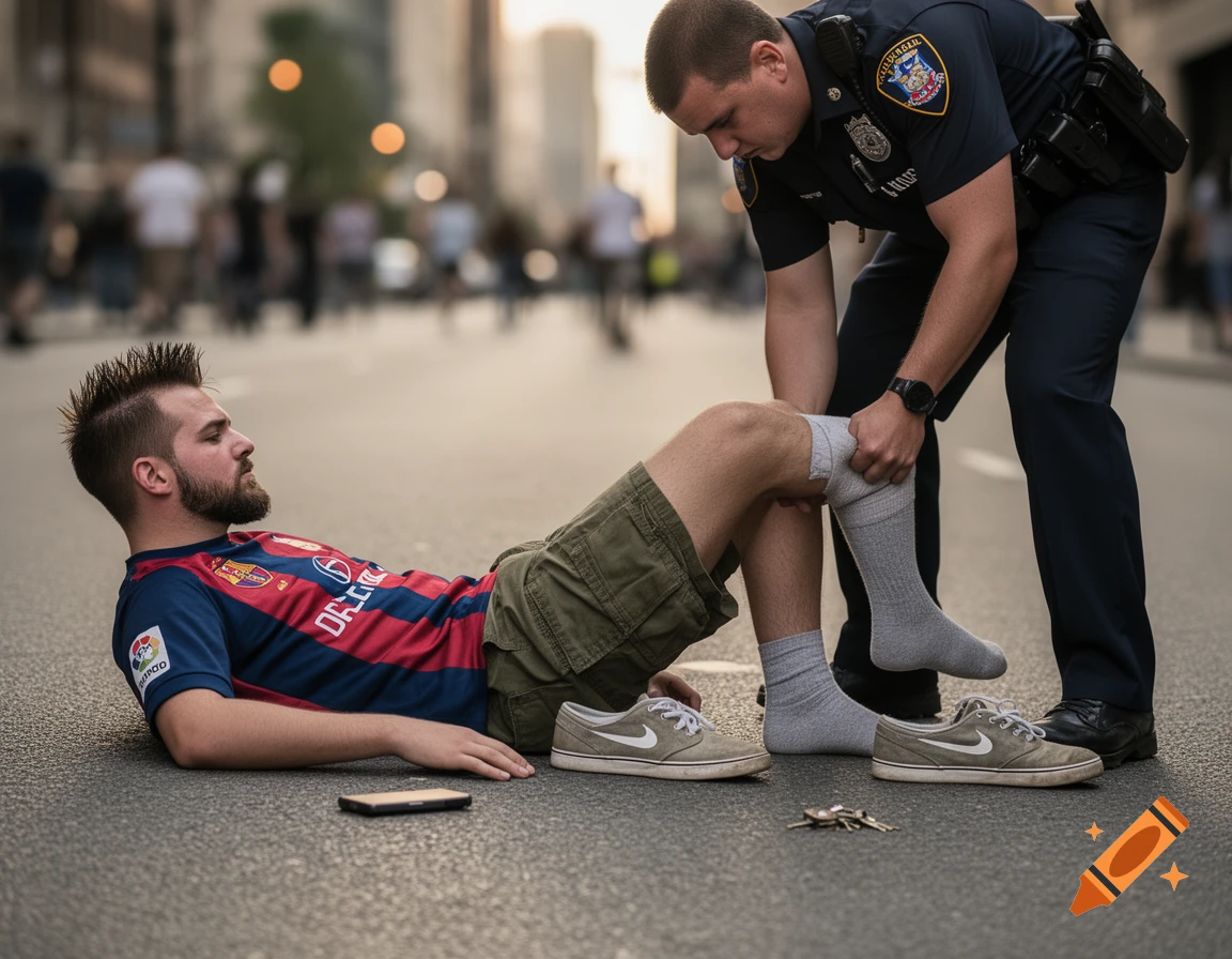 A police officer kneels to tend to a man in a soccer jersey and shorts lying on a city street, his shoes and phone nearby.