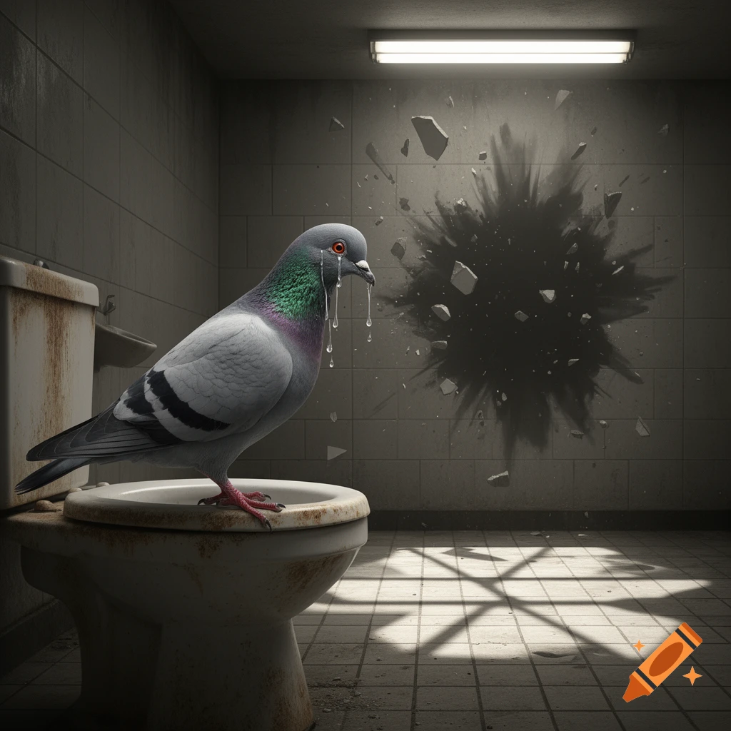 A sad pigeon with milk-like tears stands on a dirty toilet in a grimy bathroom with an explosion mark on the wall.