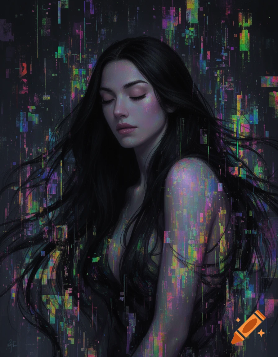 Surreal portrait of a black-haired woman with closed eyes, surrounded by colorful glitch art and static effects.
