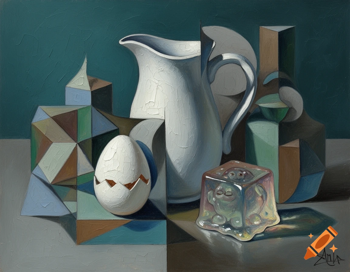 A Cubist oil painting of a still life featuring a white pitcher, a cracked egg, and various geometric shapes including a jelly cube.