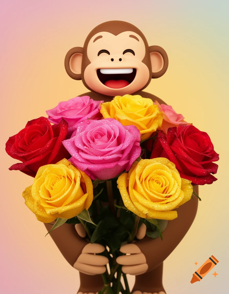 A happy emoji-style monkey holds a large bouquet of red, pink, and yellow roses with water droplets.