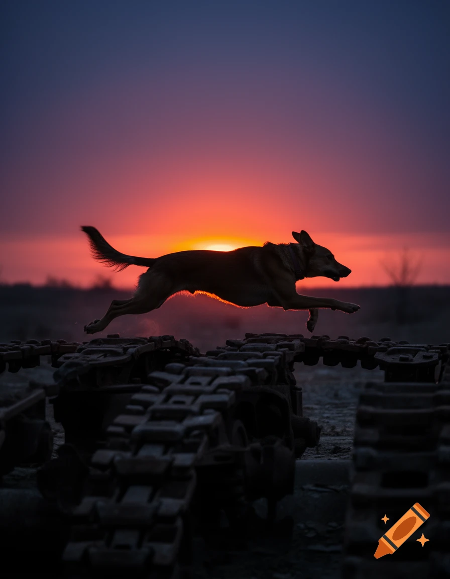 A dog in mid-air, silhouetted against a vibrant orange and purple sunset, jumping over dark, rusty tank tracks in a photorealistic style.
