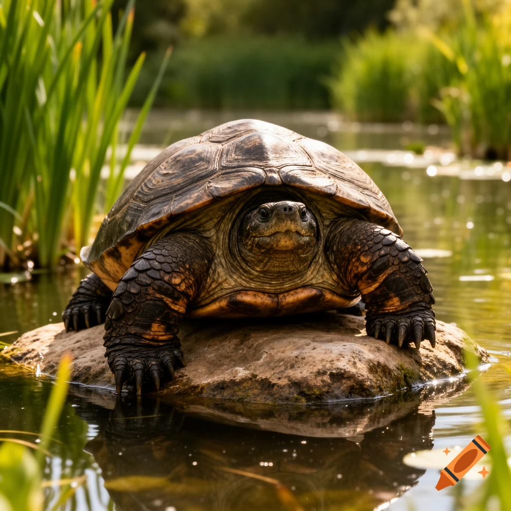 A photorealistic turtle with a textured shell and scaly skin rests on a rock in a pond amidst green reeds.