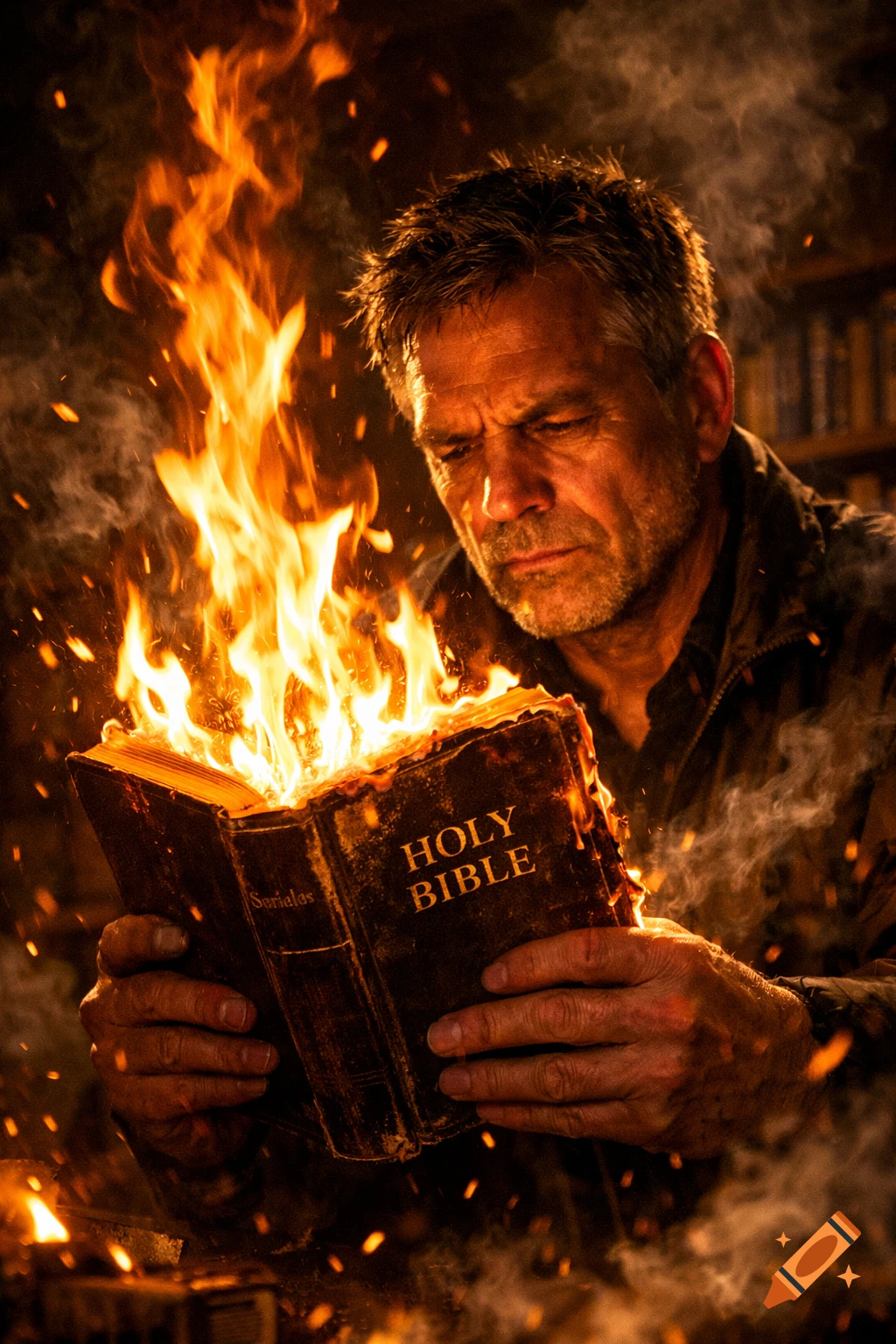 A man intensely reads a burning Holy Bible with large flames rising from its pages, surrounded by smoke and embers, in a dramatic, dark setting.