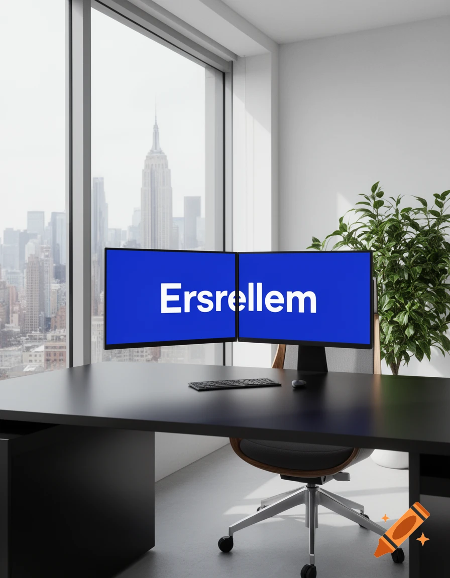 A modern office desk with two blue computer monitors displaying 'Ersrellem', overlooking a cityscape with the Empire State Building.