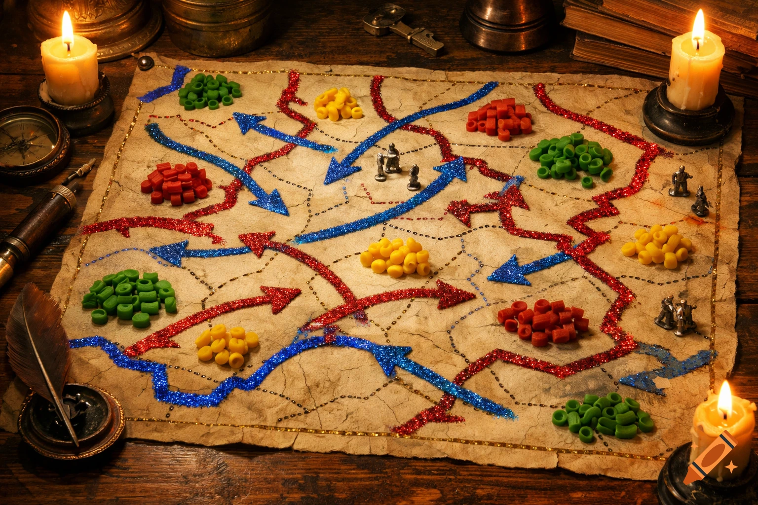 An old map displaying war plans and troop movements with red, blue, and gold glitter glue paths, and green, yellow, and red macaroni pieces, surrounded by candles and old tools.
