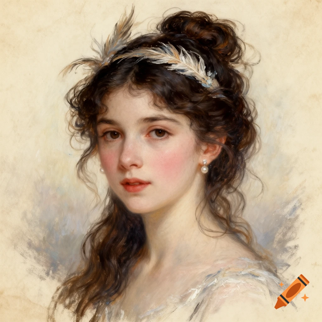 Impressionist painting of a young woman with dark curly hair and a feathered headband, wearing pearl earrings.