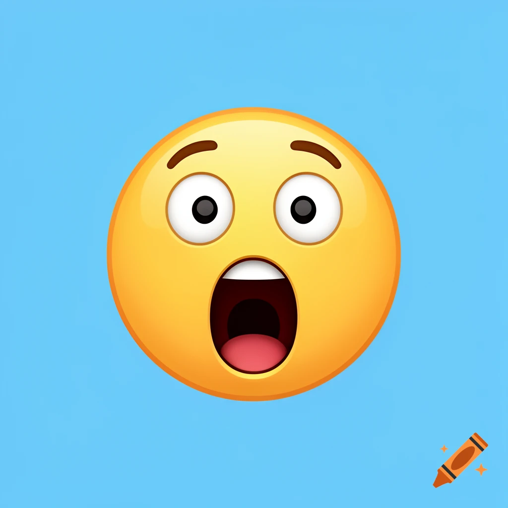 A yellow emoji face with wide eyes, raised eyebrows, and an open mouth, expressing shock or surprise, set against a light blue background.