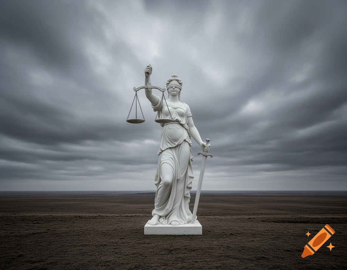 A white statue of Lady Justice with a blindfold, holding scales and a sword, stands in a barren, cloudy landscape.
