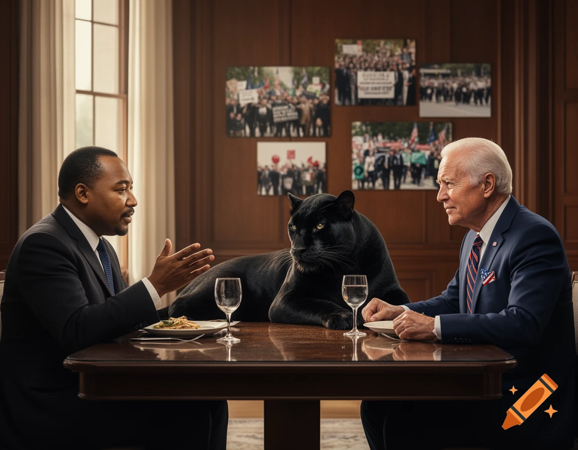 Joe Biden, a man, and a black panther dine at a table in a formal room with protest images on the wall.