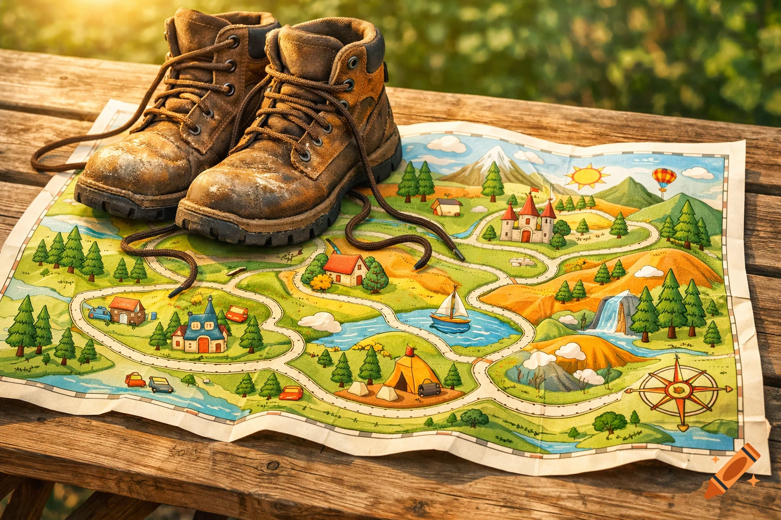 Worn brown hiking boots resting on a colorful, whimsical cartoon map featuring castles, mountains, and rivers.
