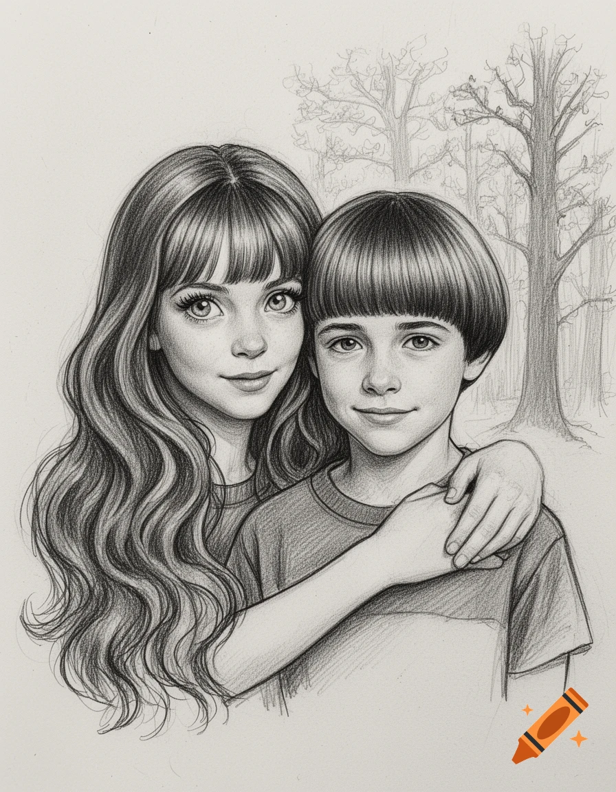 A black and white pencil sketch portrait of two children, a girl with long wavy hair and a boy with a bowl cut, embracing in front of a faint forest.