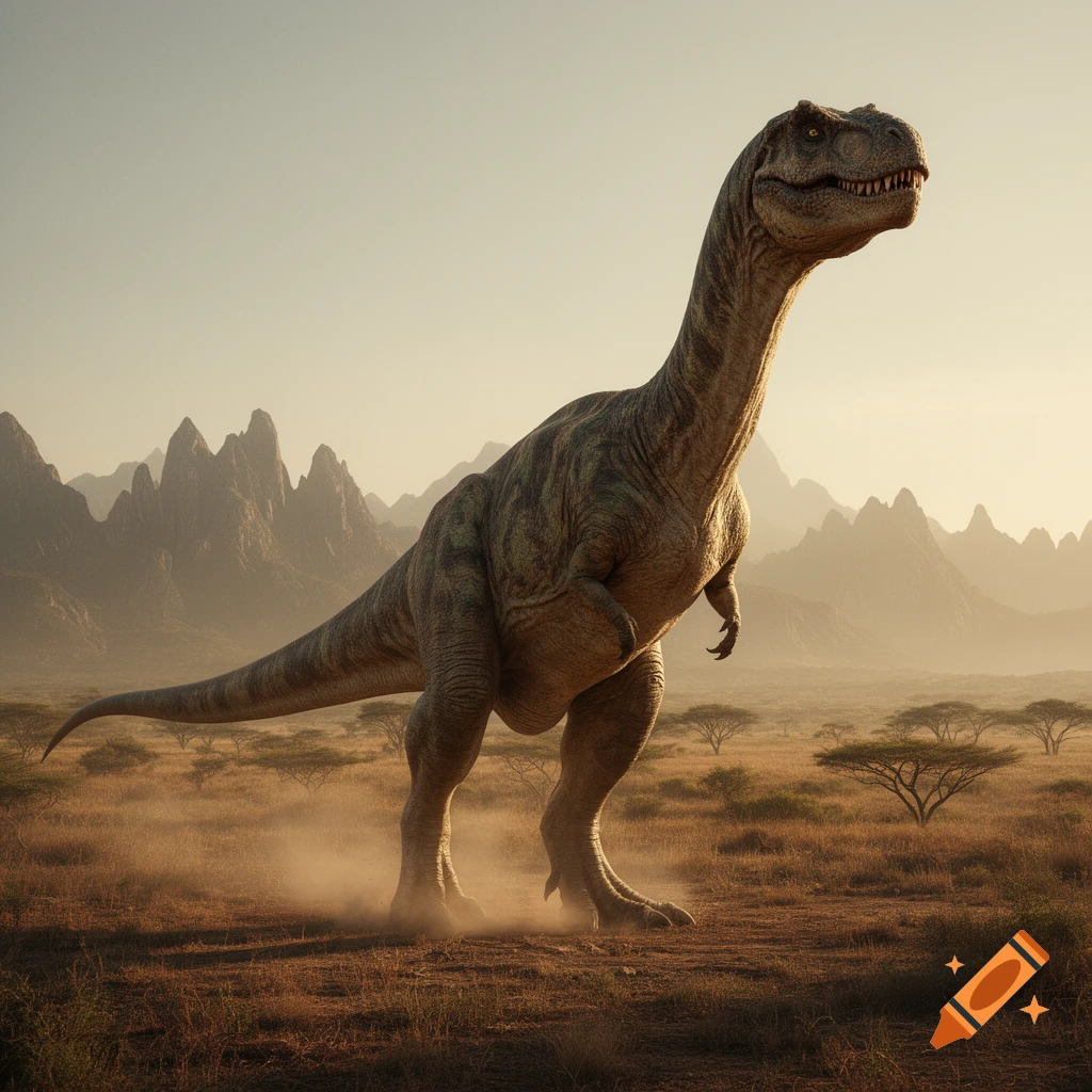 A large dinosaur, with a T-Rex body and head but a long neck, stands in a dusty, arid landscape with distant mountains.