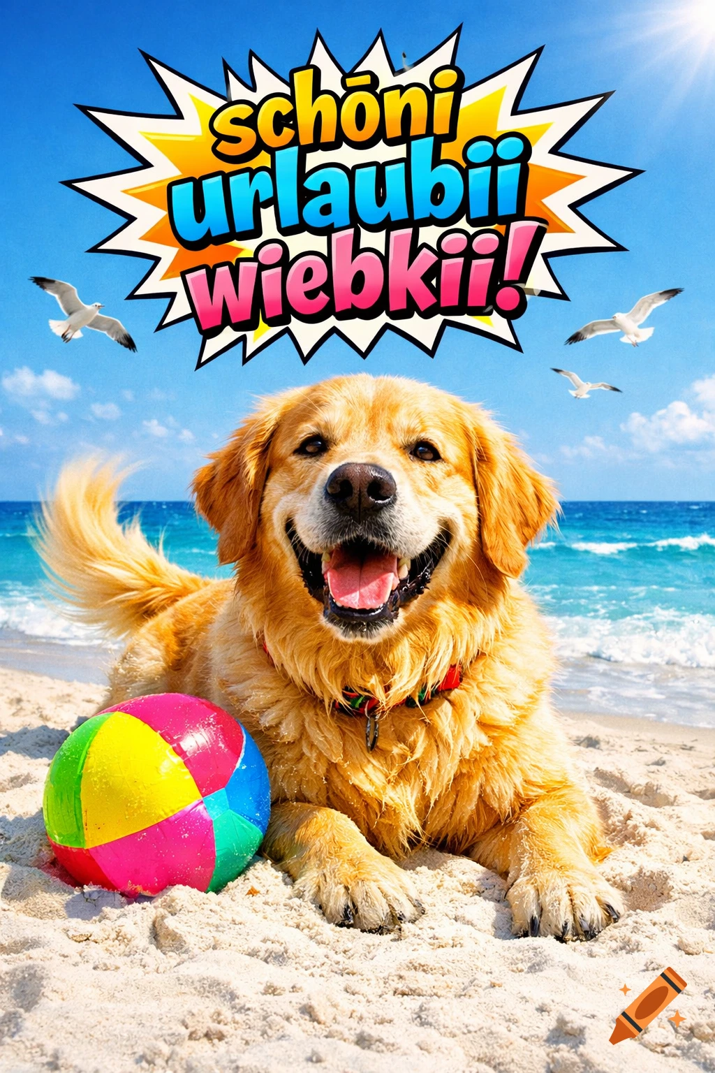 A happy golden retriever lies on a sunny beach next to a colorful beach ball, with seagulls flying in the blue sky. A speech bubble above reads "schöni urlaubii wiebkii!"