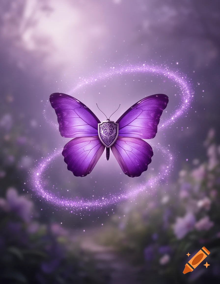 A vibrant purple butterfly with a silver shield on its head, surrounded by swirling purple glitter on a dreamy background.