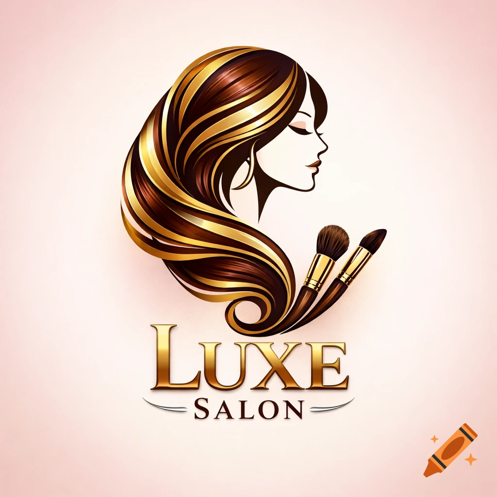 A luxurious gold and brown logo featuring a female profile with flowing hair, two makeup brushes, and the text Luxe Salon.