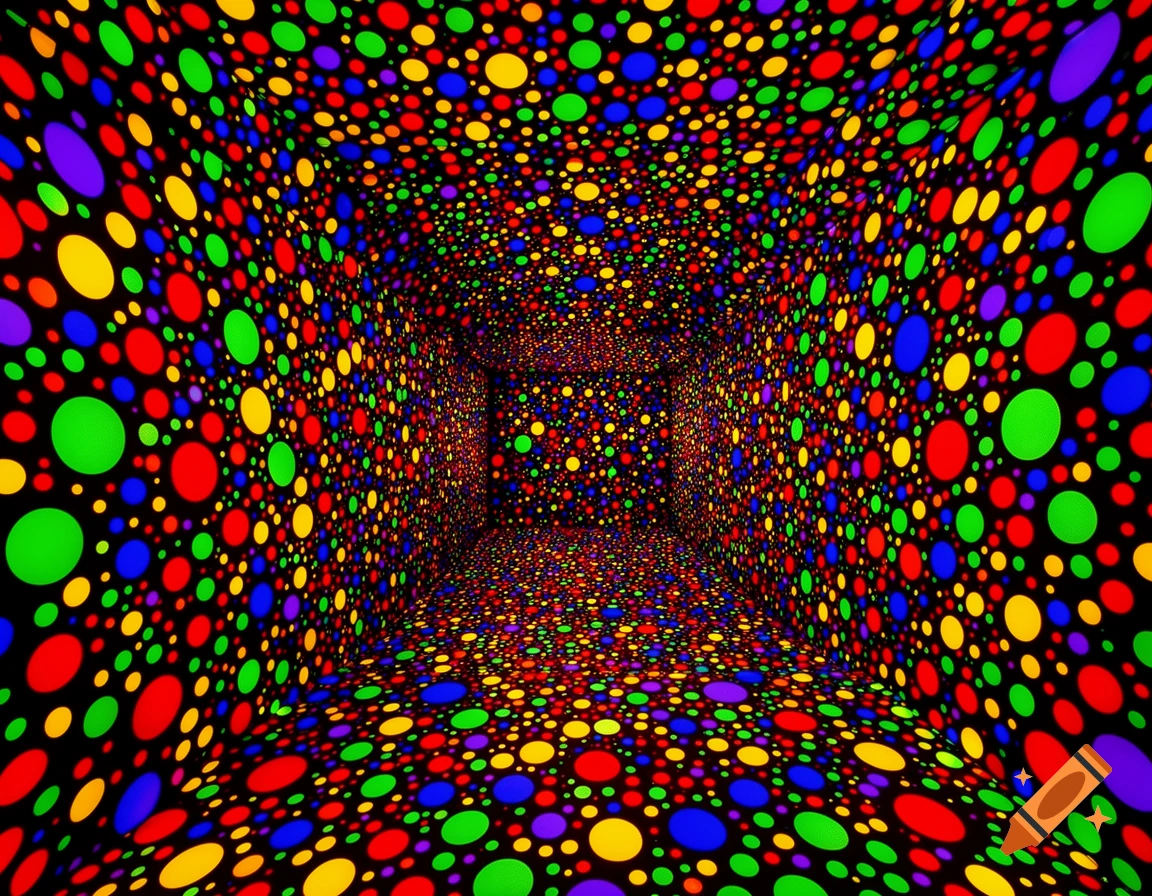 An abstract tunnel-like space covered in a dense, vibrant pattern of multi-colored dots on a black background, creating an optical illusion of depth.