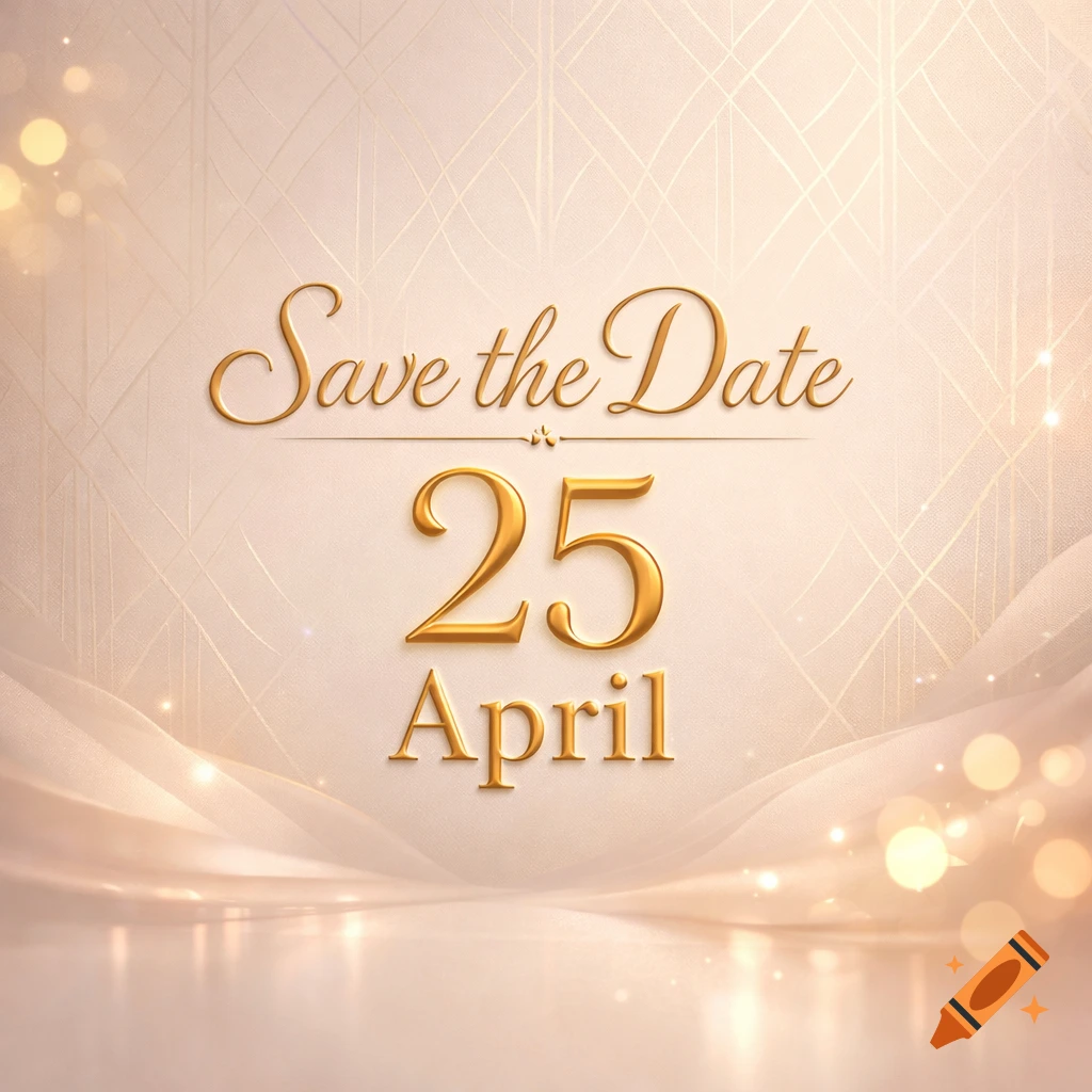 Elegant 'Save the Date 25 April' text in gold on a sparkling beige and gold background with geometric patterns.