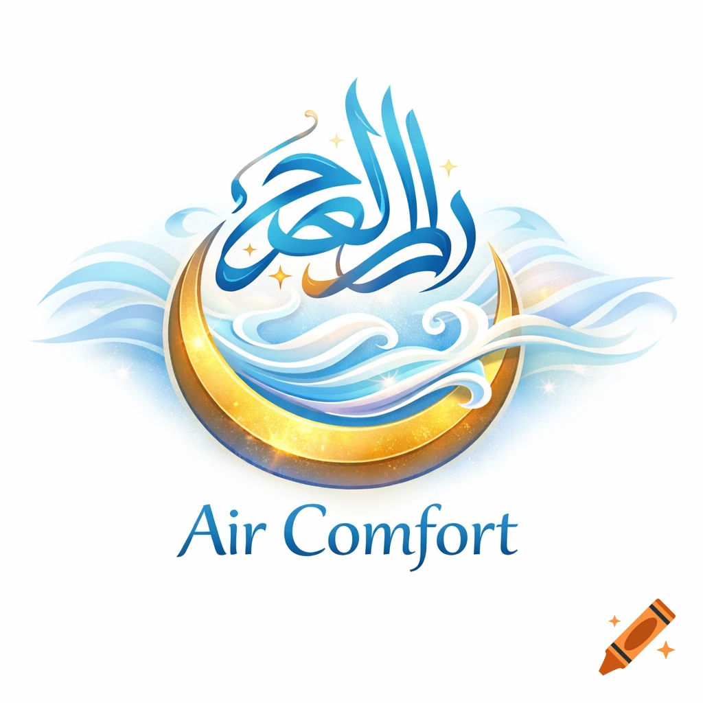 A blue and gold logo featuring stylized Arabic calligraphy and a crescent moon with wavy cloud-like elements, above the text "Air Comfort".