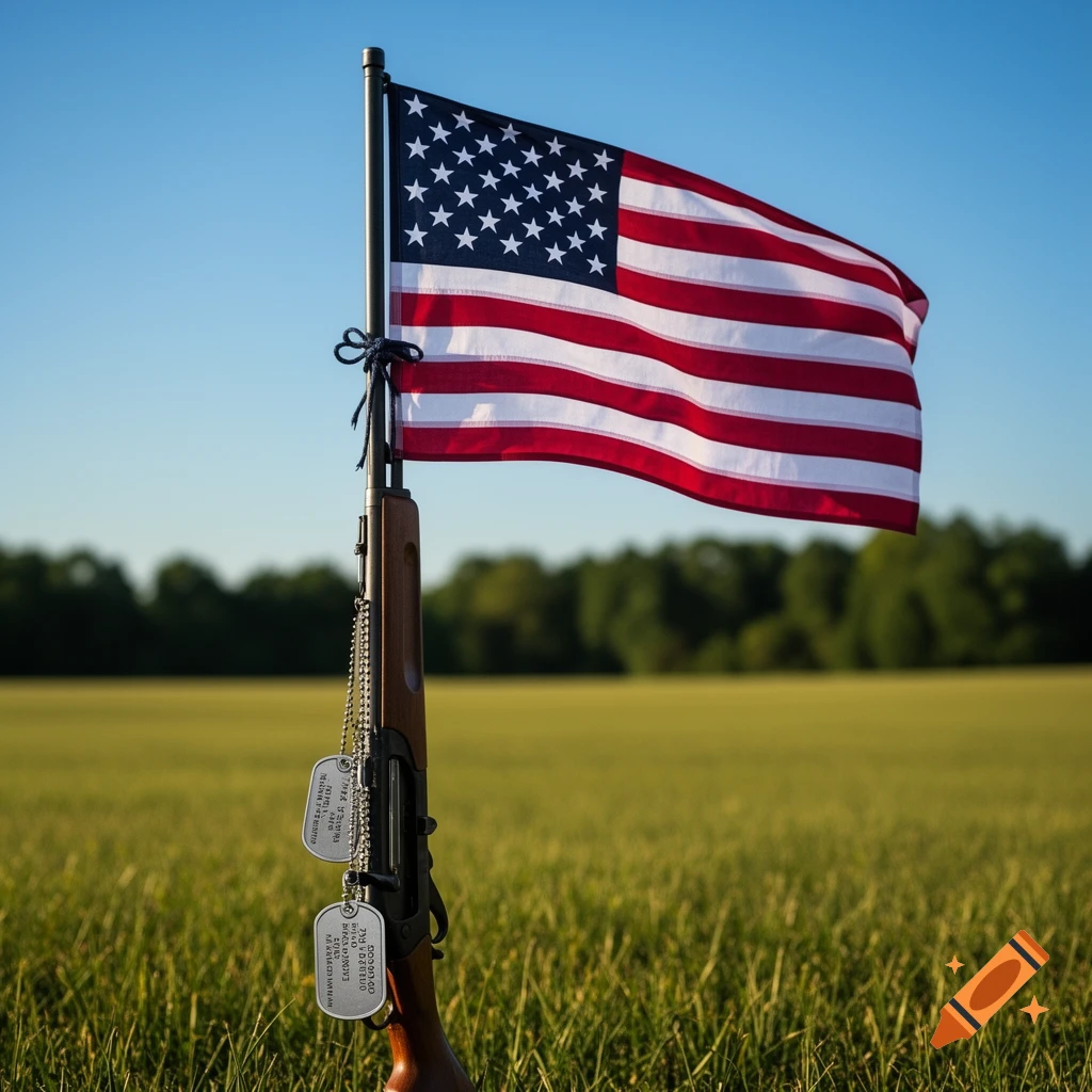 Rifle standing in a green field, serving as a flagpole for a waving American flag, with dog tags hanging from it under a blue sky.