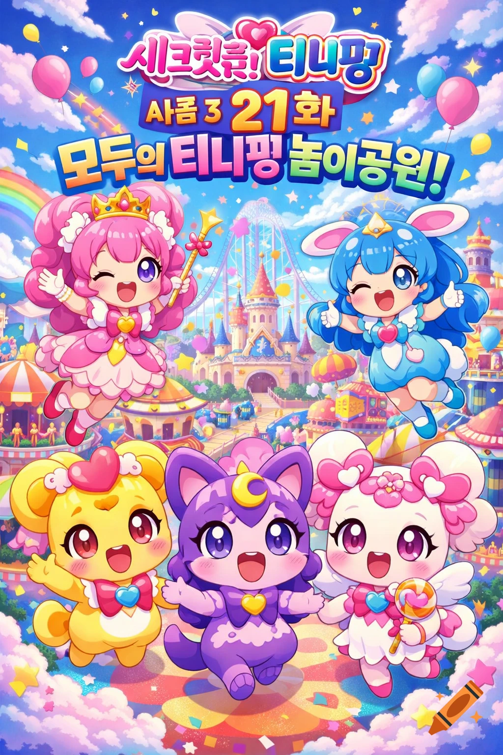 Five cute, colorful chibi characters, two human-like and three animal-like, float happily above a vibrant amusement park under a blue sky with Korean text.
