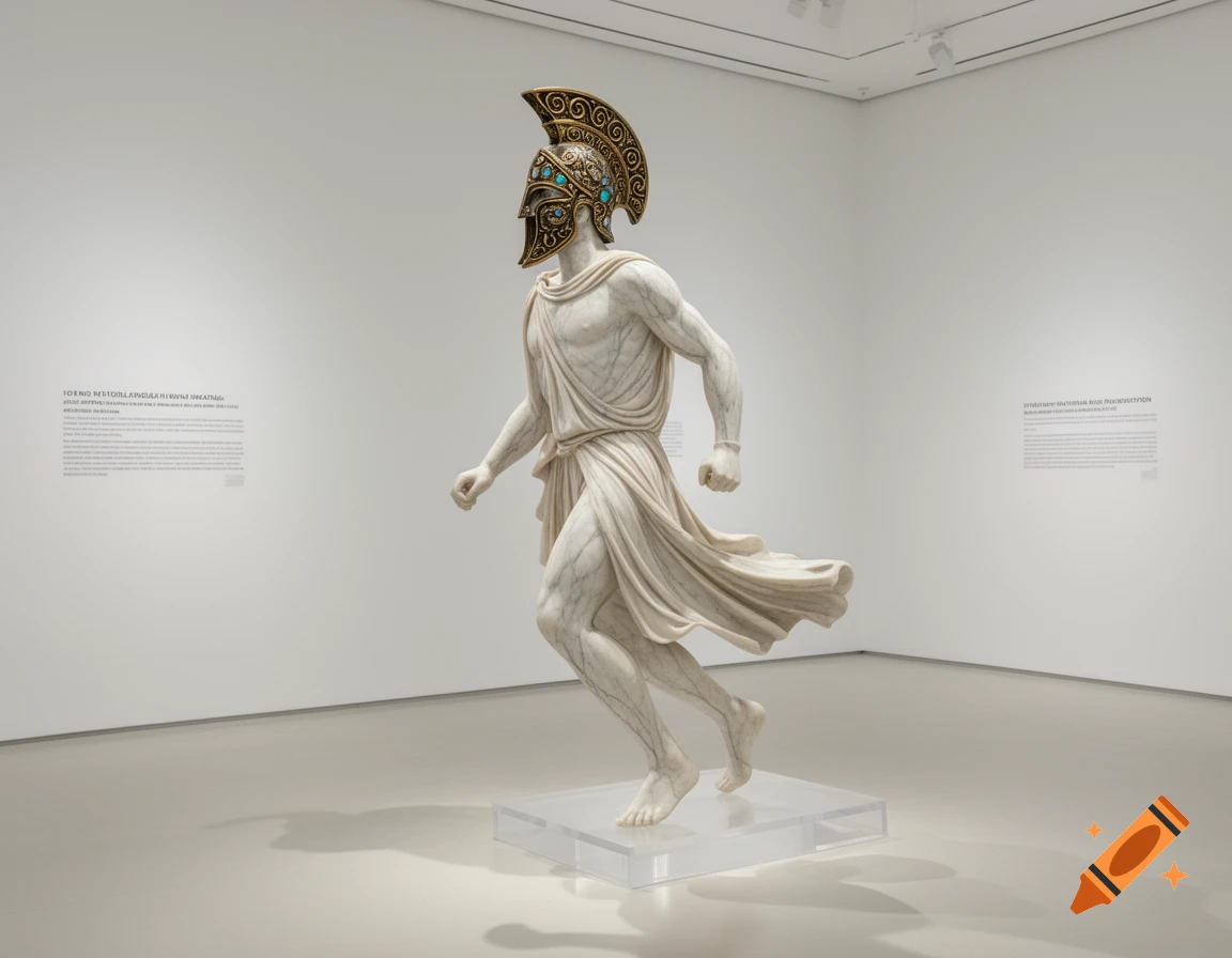 A photorealistic marble sculpture of a running man in ancient Greek attire and an ornate helmet, displayed in a modern art gallery.