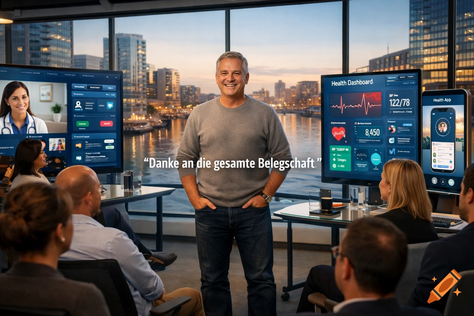 A smiling male CEO gives a speech to employees in a modern office with city views, surrounded by health dashboard screens, photorealistic.