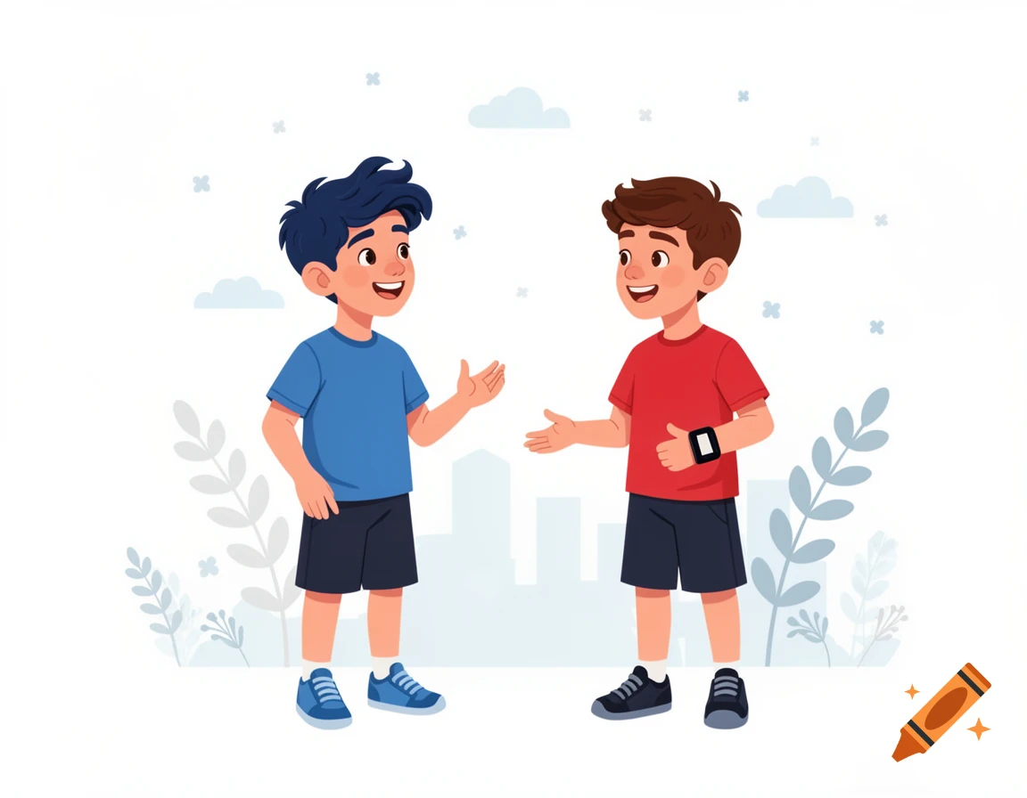 Flat vector illustration of two smiling boys talking and gesturing, with a simple background.