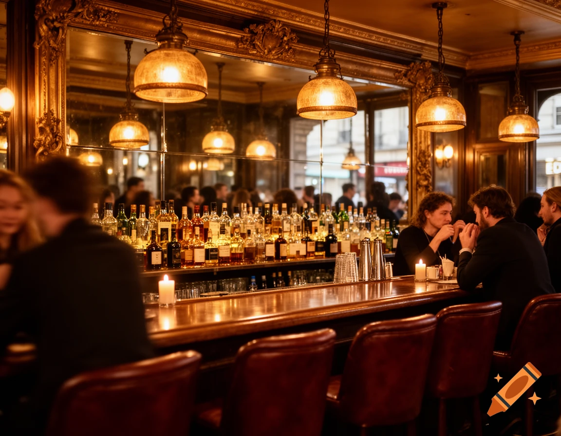 A dimly lit bar with a long wooden counter, red leather stools, and many liquor bottles reflected in a large ornate mirror behind. Patrons sit at the bar.