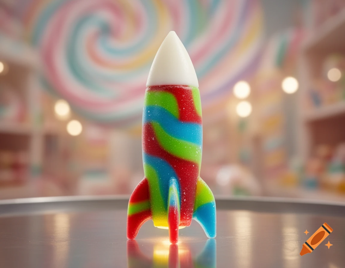 A vibrant candy rocket with red, green, and blue swirls stands on a reflective surface in a blurry candy shop.
