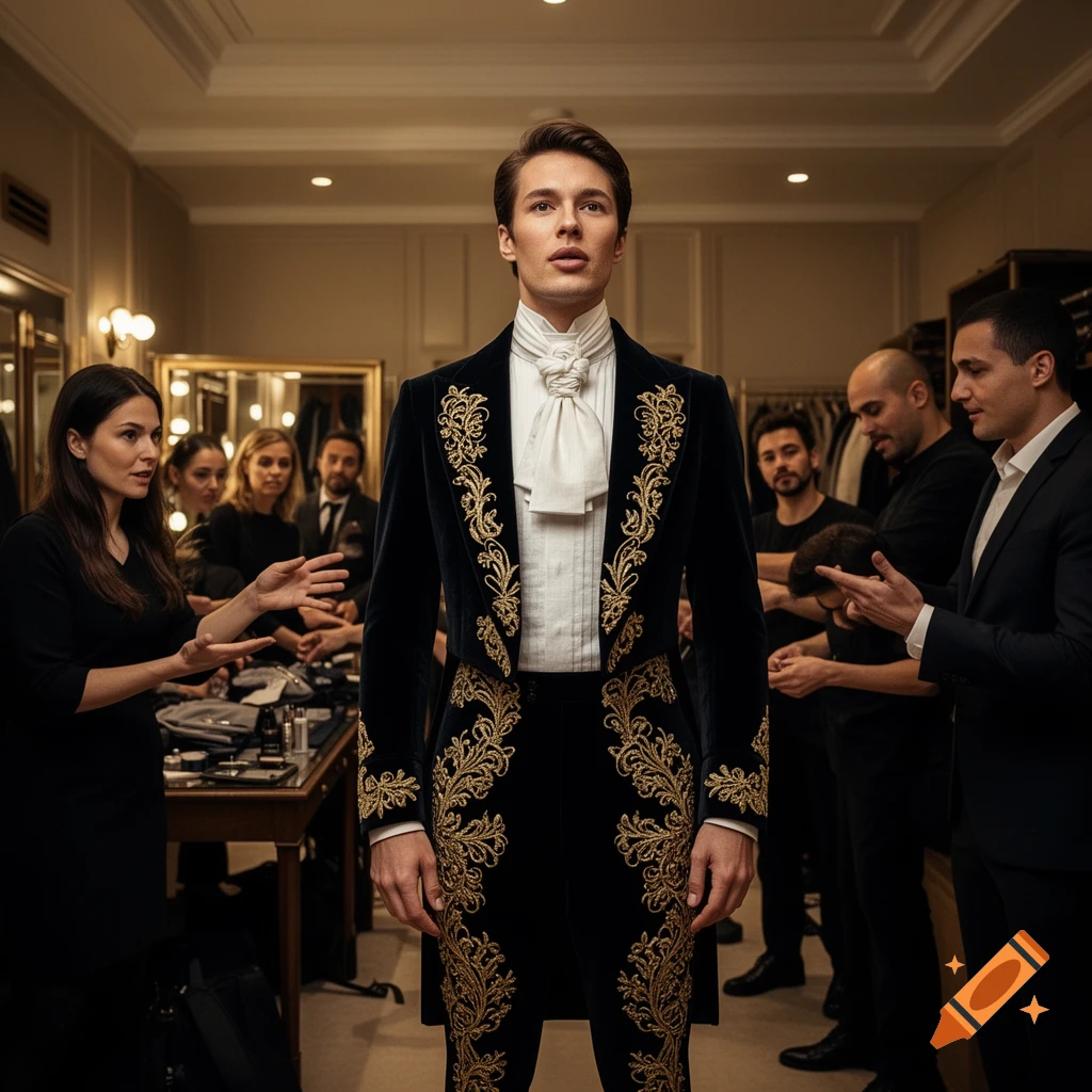 A man in an ornate black velvet suit with gold embroidery, white shirt, and cravat stands in a dressing room surrounded by several attendants.
