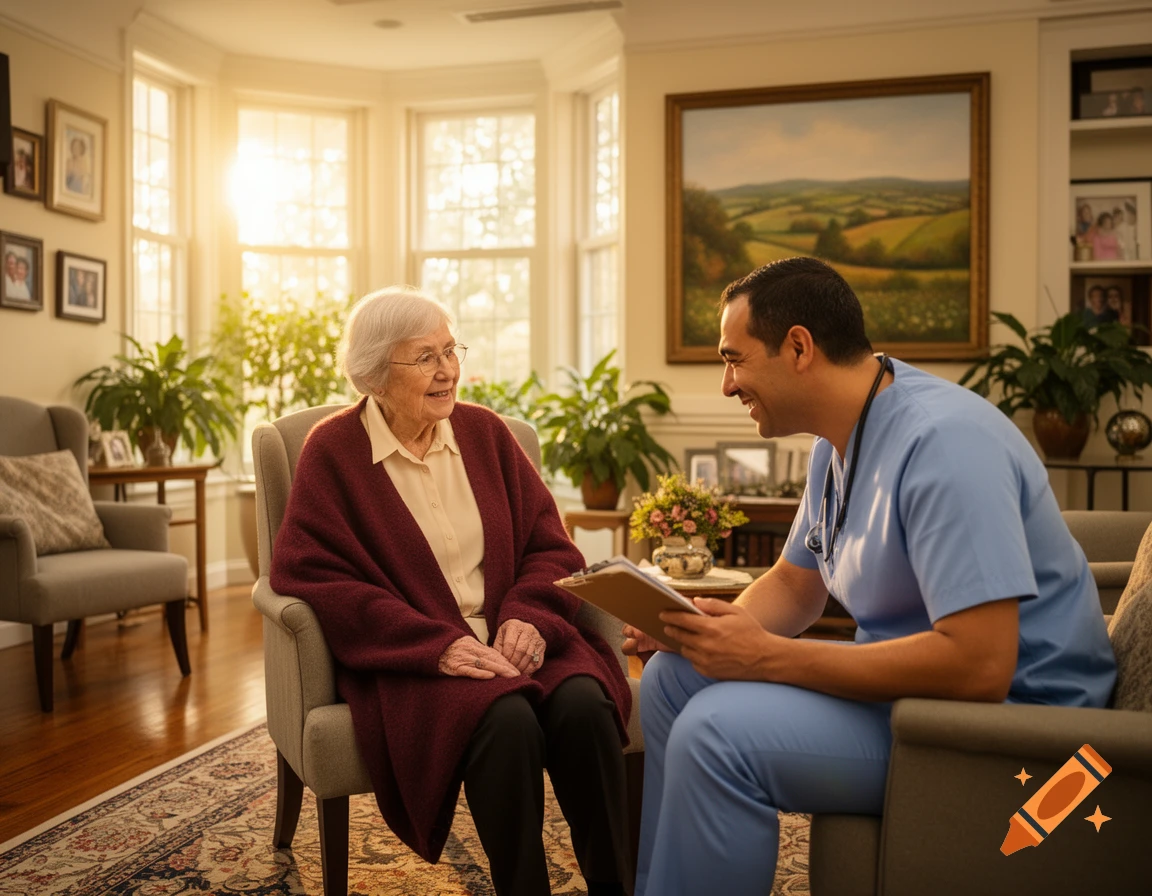 A smiling elderly woman in an armchair talks with a male caregiver holding a clipboard in a sunlit living room with plants.
