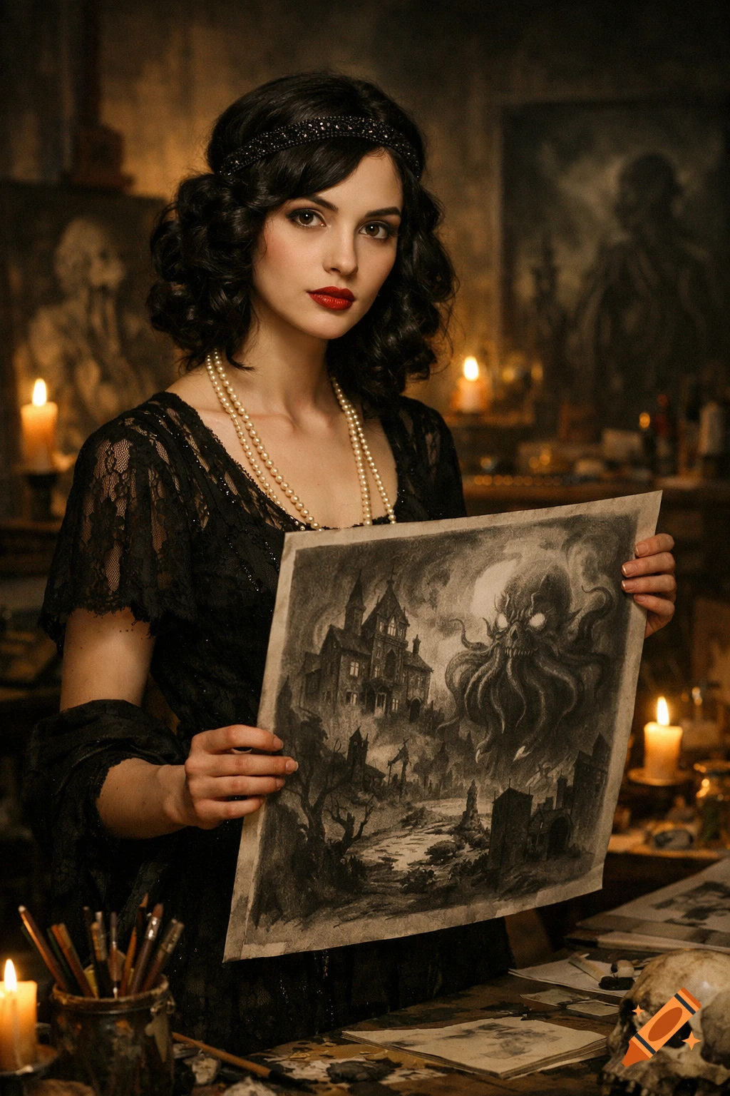 A dark-haired woman in 1920s fashion holds a drawing of a haunted mansion and a Cthulhu-like creature in a dimly lit art studio.