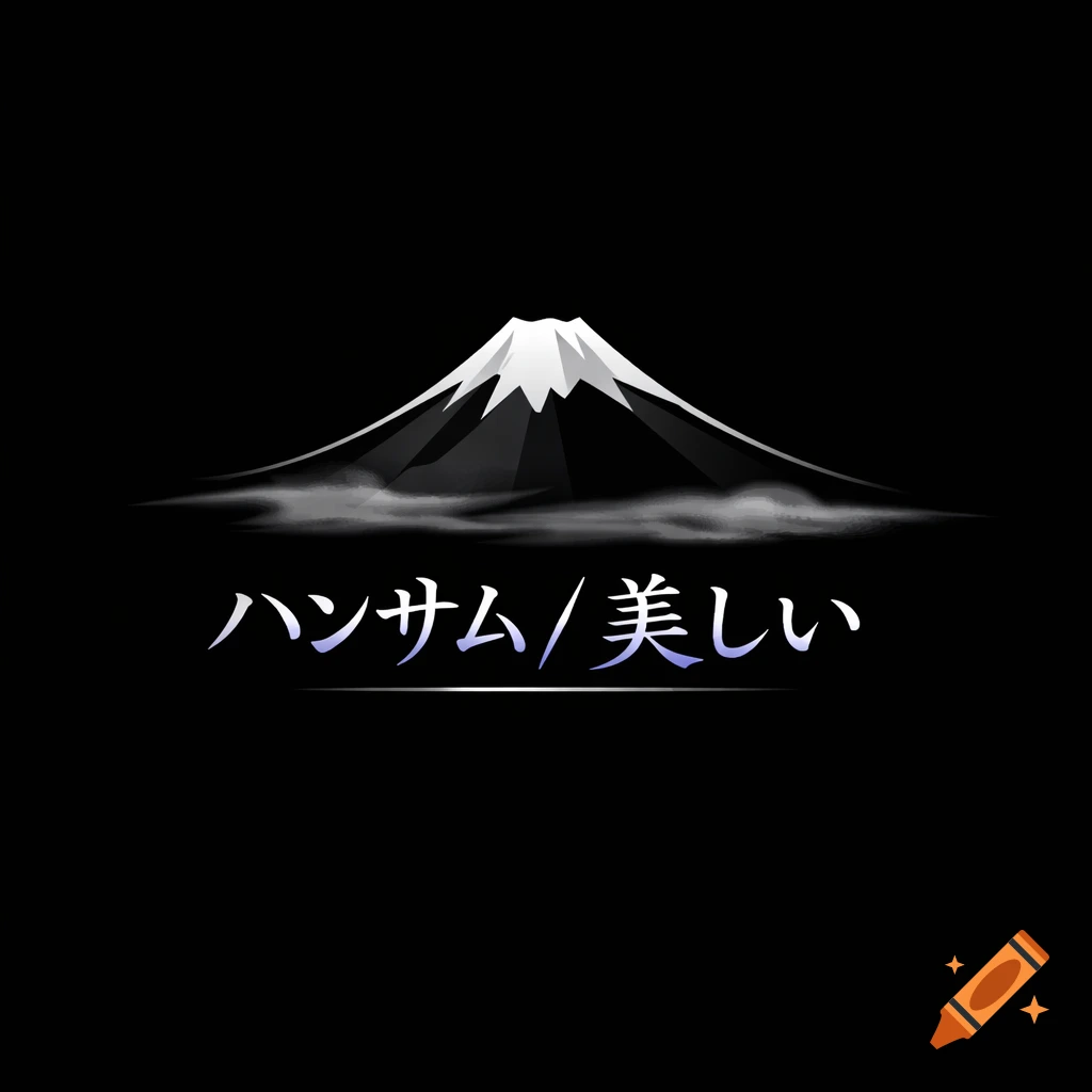 Stylized black and white Mount Fuji with mist and Japanese text 'Handsome/Beautiful' below, on a black background.
