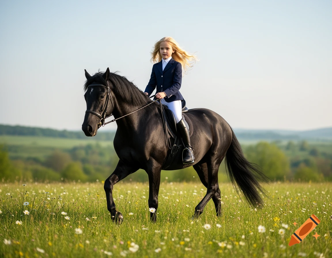 Blonde girl in a riding outfit on a black horse, trotting through a sunny green field with wildflowers.