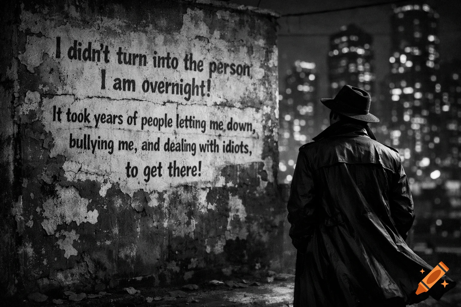 Black and white image of a person in a trench coat and fedora looking at a wall with a dramatic quote, urban night scene.