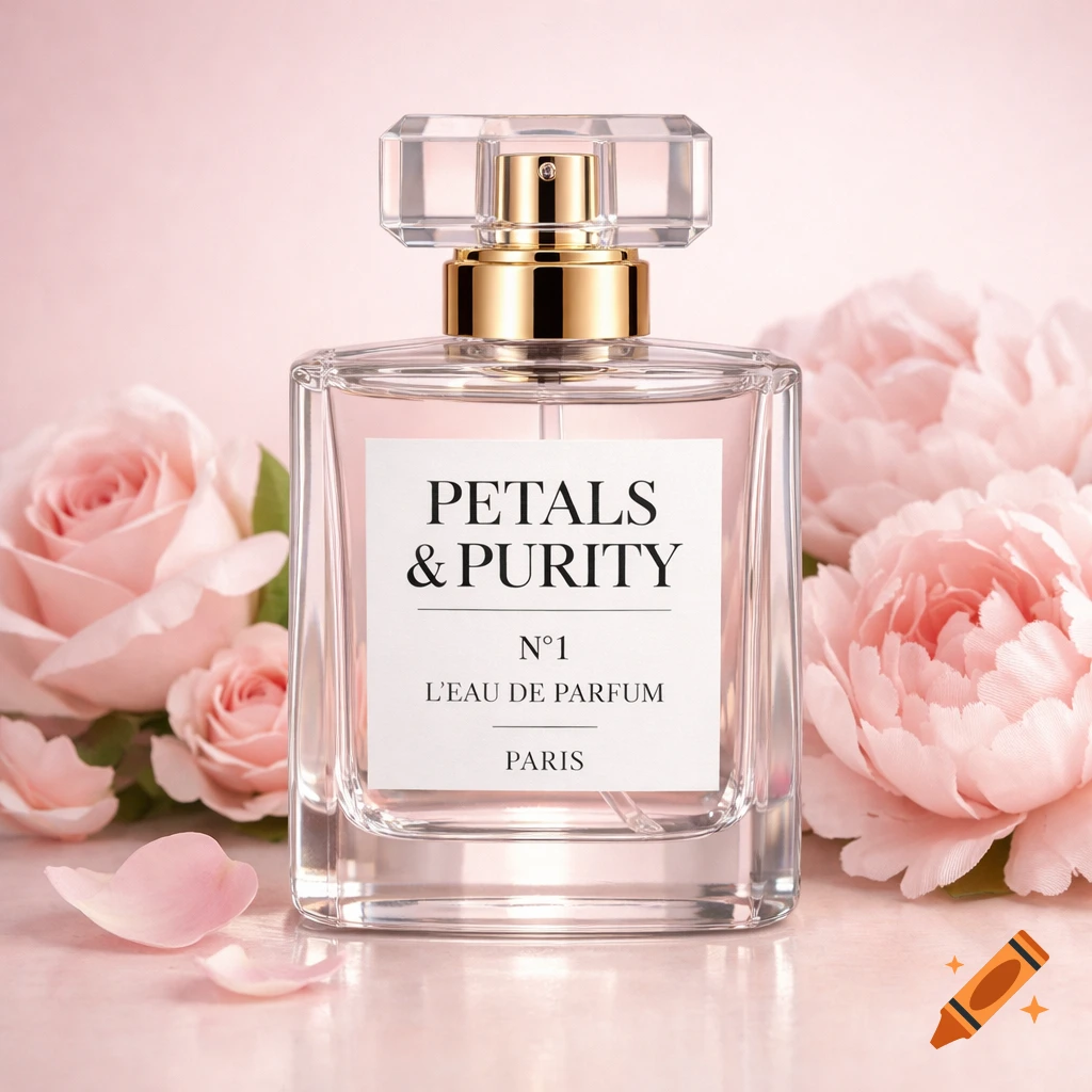 Luxury perfume bottle with 'Petals & Purity' label, surrounded by pink roses and peonies on a pastel background.