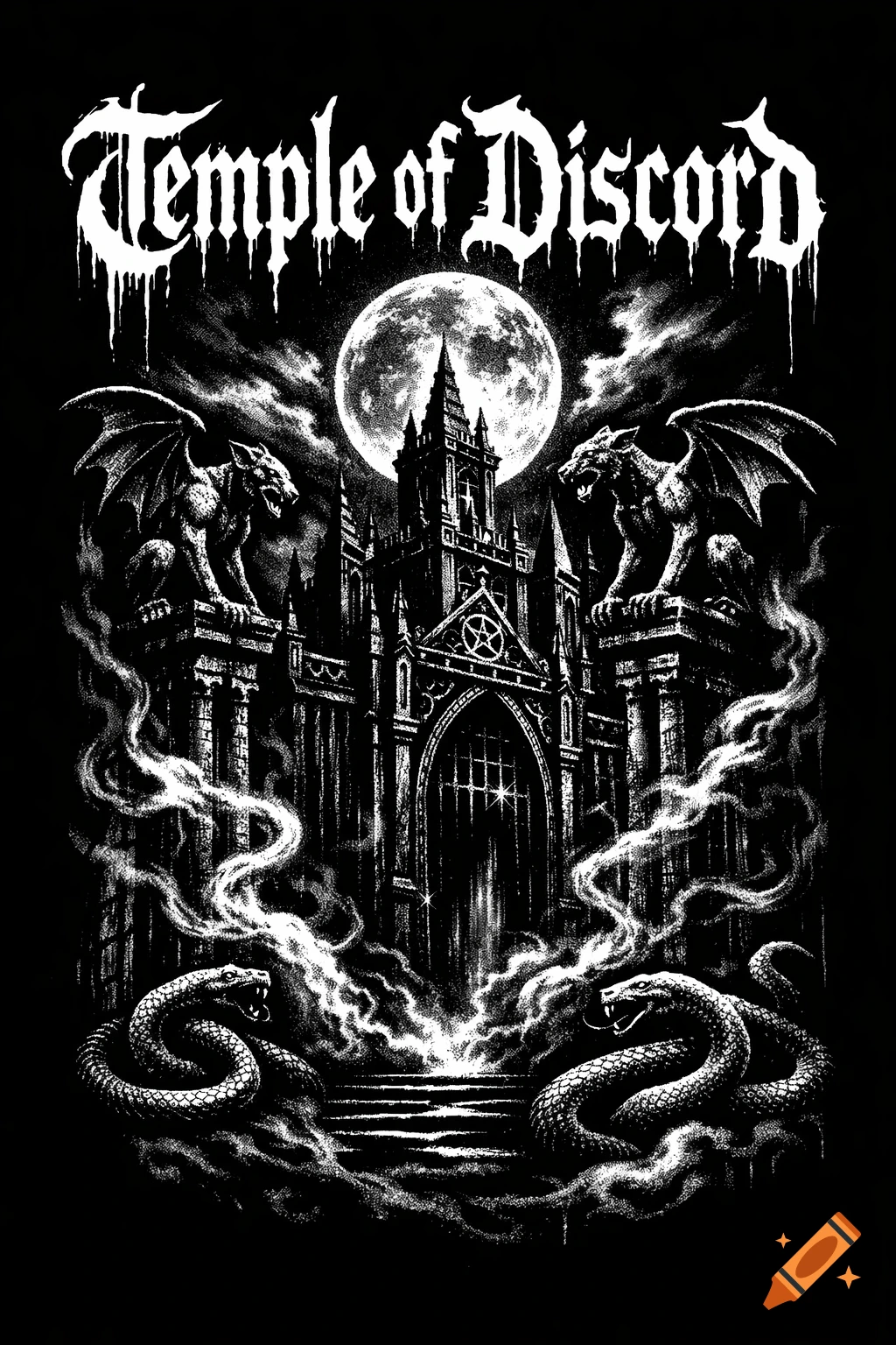 Black and white gothic illustration of a temple under a full moon, flanked by gargoyles and snakes, with 'Temple of Discord' text.