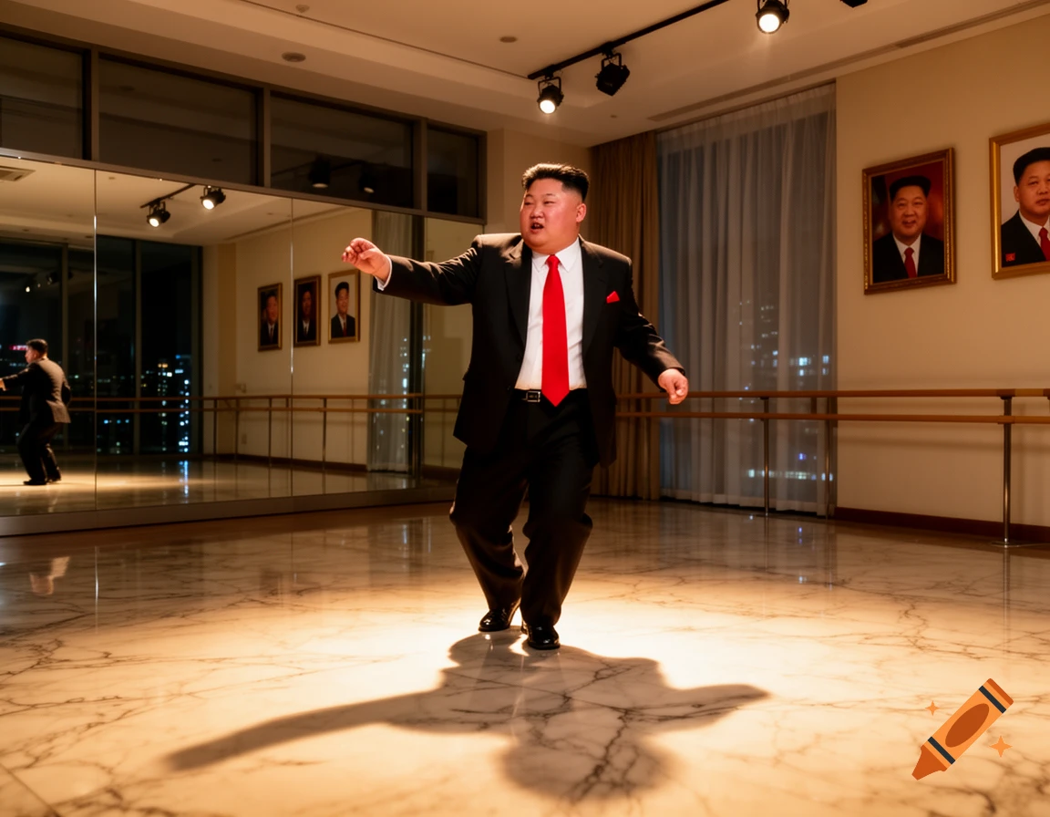 Kim Jong Un in a suit and red tie, dancing in a large studio with mirrors and portraits on the walls.
