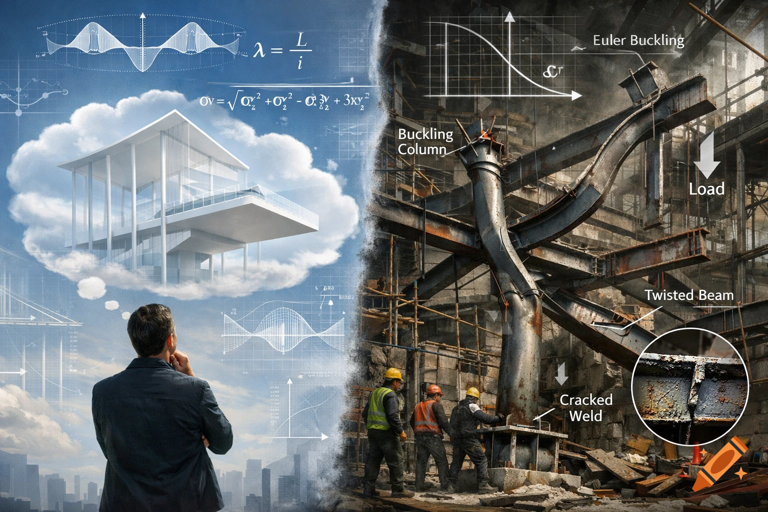 An engineering illustration showing a man thinking of a sleek modern building on the left, contrasted with a dilapidated construction site featuring structural failures on the right. Engineering formulas and diagrams overlay both sides.