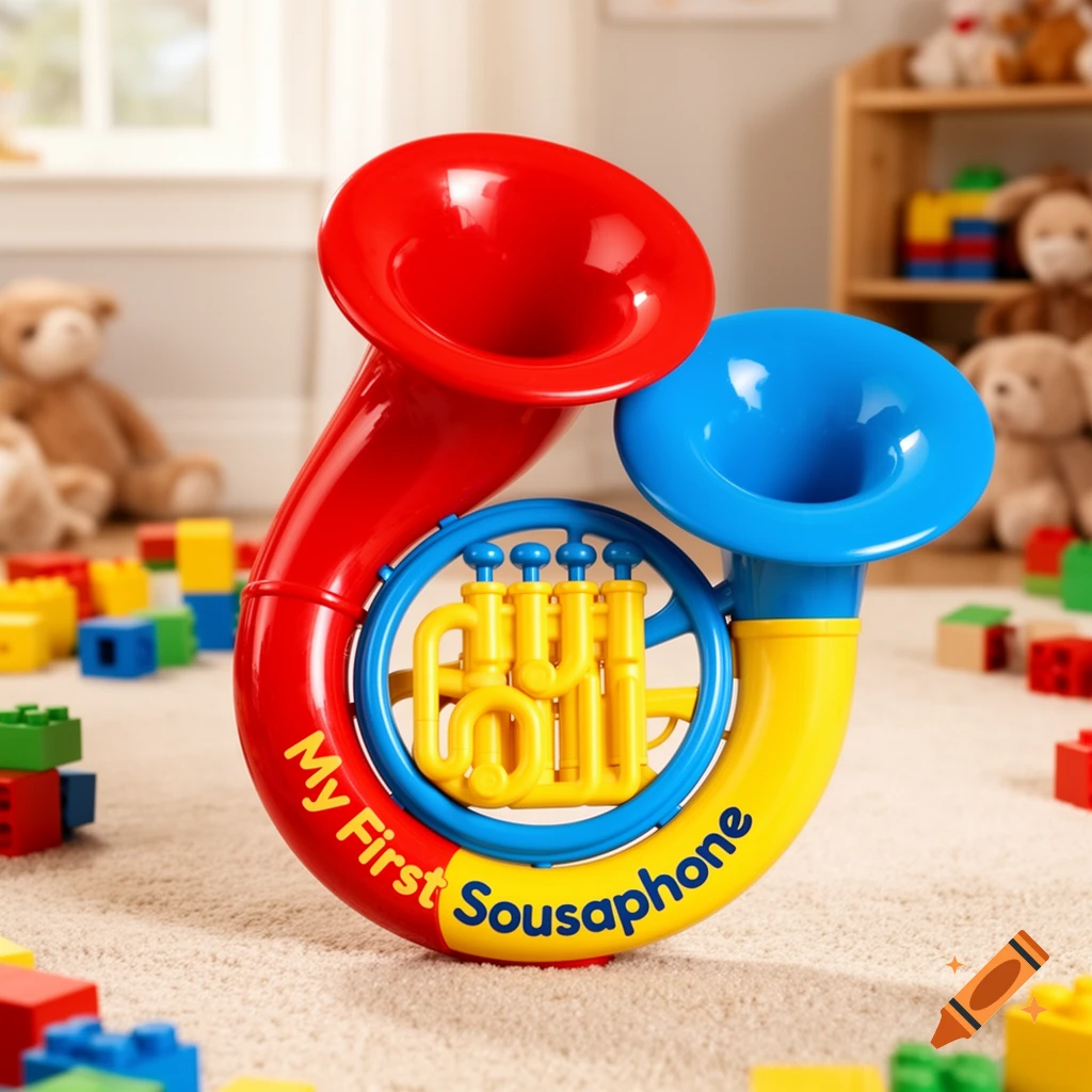 A colorful red, blue, and yellow 'My First Sousaphone' toy sits on a carpet, surrounded by building blocks in a child's room.